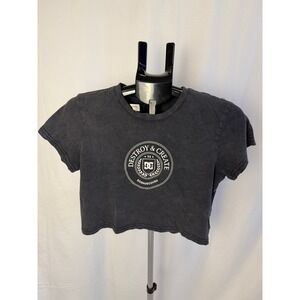 VTG DC Shoes Womens Gray Destroy Create Graphic Print Crop Top‎ T-Shirt Size: L